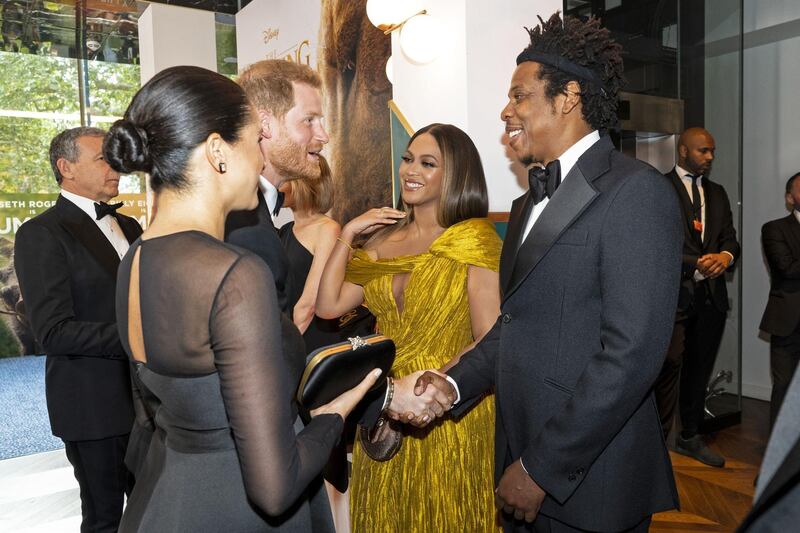 Prince Harry and Meghan, Duchess of Sussex meet cast and crew, including Beyonce and Jay-Z as they attend the premiere of Disney's 'The Lion King' in London's Leicester Square on July 14, 2019. AFP