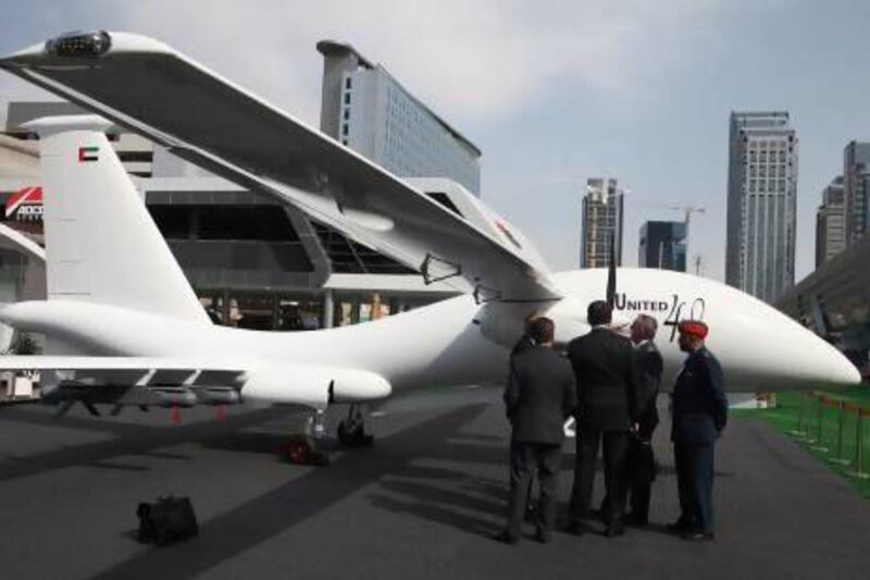 The Yabhon United 40 aircraft is exhibited at the Idex festival in the capital last month. The UAE-made unmanned drone can cruise at speeds of up to 220kph and will cost up to $30 million. Delores Johnson / The National