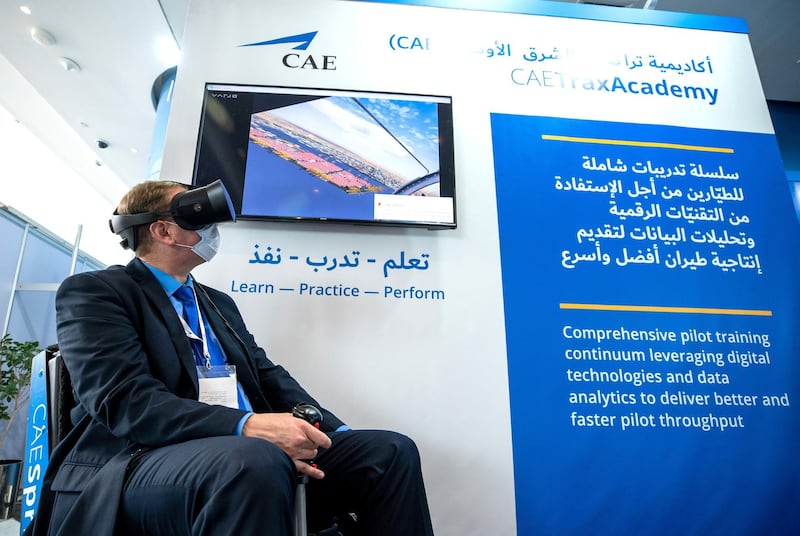 Abu Dhabi, United Arab Emirates, February 23, 2021.  Idex 2021 Day 3.
  The CAE stand.  Comprehensive pilot training continuum leveraging digital technologies and data analytics to deliver better and faster pilot throughput.
Victor Besa / The National
Section:  NA
Reporter:  Deena Kamel