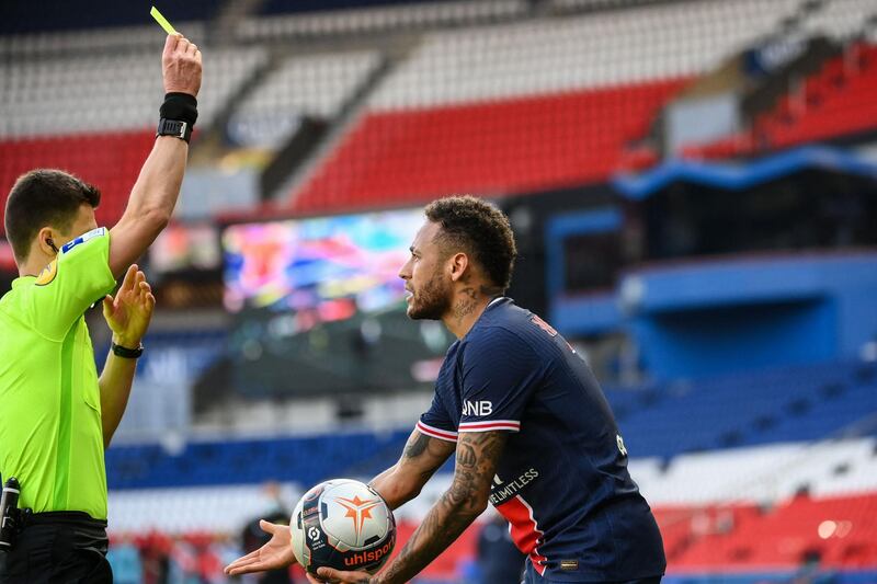 Neymar loses his cool as Benoit Bastien shows him a second yellow card. AFP