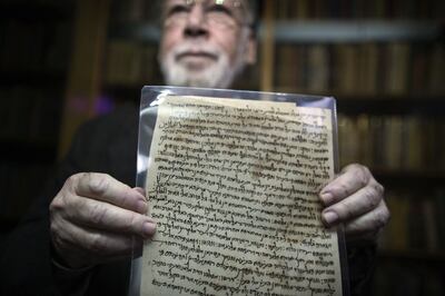 A document from a collection of discarded Jewish writings which date back to the 10th century, discovered in Afghanistan, on display at the National Library of Israel. AFP 