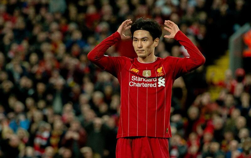 Liverpool's Takumi Minamino during the FA Cup match against Everton at Anfield on Sunday. EPA