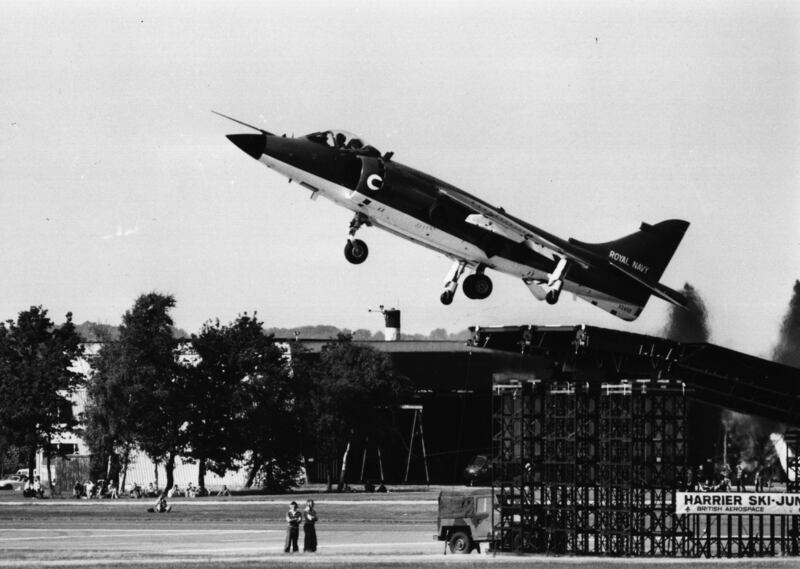 A Hawker Sea Harrier and a 'ski jump' launcher on display in at Farnborough Airshow in 1978.