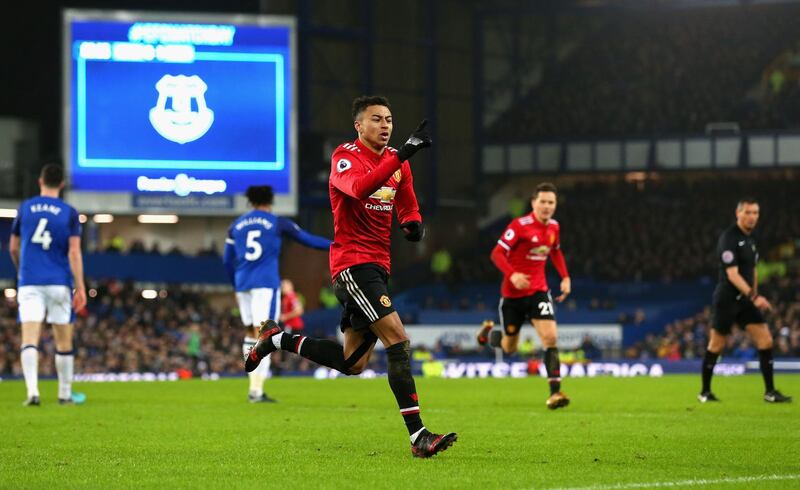 LIVERPOOL, ENGLAND - JANUARY 01:  Jesse Lingard of Manchester United celebrates after he scores his sides second goal during the Premier League match between Everton and Manchester United at Goodison Park on January 1, 2018 in Liverpool, England.  (Photo by Jan Kruger/Getty Images)