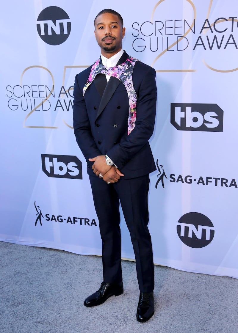 Michael B. Jordan wears Louis Vuitton at the 25th annual Screen Actors Guild Awards on January 27, 2019, in Los Angeles. AP