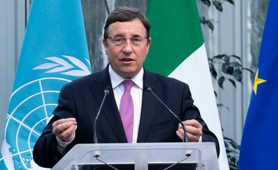 FILE - In this Jan. 28, 2019 file photo, United Nations Development Program Administrator, Achim Steiner, speaks during the inauguration ceremony of the Africa Center for Climate and Sustainable Development, in Rome. Steiner spoke to The Associated Press on Monday, July 29, 2019, and said the devastating five-year civil war in Yemen has knocked the country back 20 years in terms of development and access to education. Yemen was already the Arab world's poorest nation before the war, which has killed tens of thousands of people. (Maurizio Brambatti/ANSA Via AP, File)