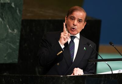 Pakistan's Prime Minister Shehbaz Sharif addresses the 77th UN General Assembly, in New York.  Reuters