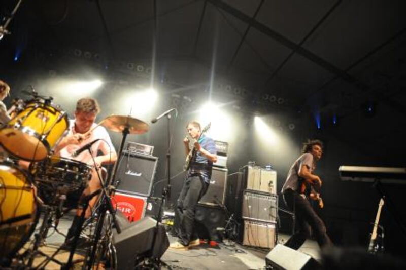 MANCHESTER, TN - JUNE 12:  John Stanier, Dave Konopka and Tyondai Braxton, from left, of the band the Battles performs at the 2008 Bonnaroo Music and Arts Festival on June 12, 2008 in Manchester, Tennessee.  (Photo by Jeff Gentner/Getty Images)