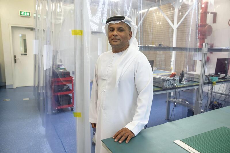 ABU DHABI, UNITED ARAB EMIRATES. 09 SEPTEMBER 2020. Exclusive tour of the new, soon to be opened,  satellite assembly facility at NSSTC, UAE University in Al Ain. Dr Khaled Ali Alhashmi in the universities clean tent room where they currently assemble. (Photo: Antonie Robertson/The National) Journalist: Sarwat Nasir. Section: National.