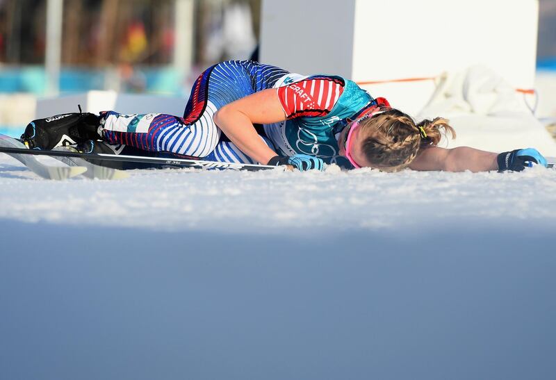 Jessica Diggins of the United States reacts after crossing the finish line during the Ladies' 30km Mass Start Classic on day sixteen of the PyeongChang 2018 Winter Olympic Games. Quinn Rooney / Getty Images