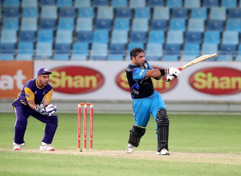 Dubai, United Arab Emirates - Reporter: Paul Radley. Sport. Cricket. Blue's Muhammad Boota bats during the game between ECB Blues and Fujairah in the final of the Emirates D10. Friday, August 7th, 2020. Dubai. Chris Whiteoak / The National