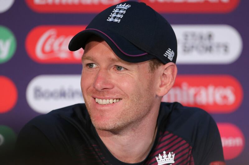 England's captain Eoin Morgan smiles during a press conference after attending a training session ahead of the Cricket World Cup final match against New Zealand at Lord's cricket ground in London, England, Saturday, July 13, 2019. (AP Photo/Aijaz Rahi)