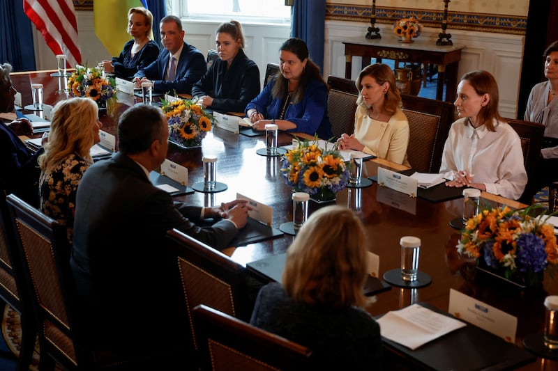 US first lady Jill Biden meets with Ukrainian first lady Olena Zelenska at the White House in Washington. Reuters