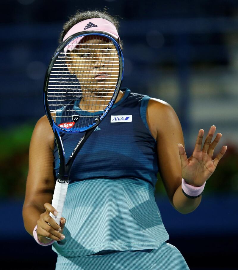 Japan's world No 1 Naomi Osaka in action during her 6-3, 6-3 second-round defeat to Kristina Mladenovic of France at the Dubai Duty Free Tennis Championships on Tuesday night. EPA