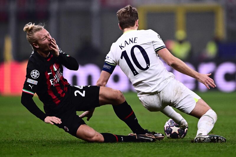 Milan defender Simon Kjaer after colliding with Harry Kane. AFP
