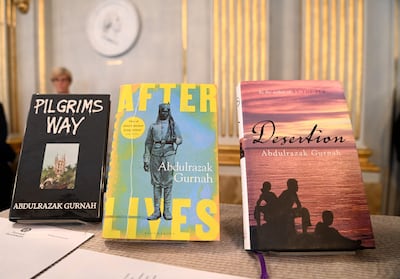 Some of Abdulrazak Gurnah's books were displayed at the Swedish Academy in Stockholm after the Nobel Prize announcement. AFP 
