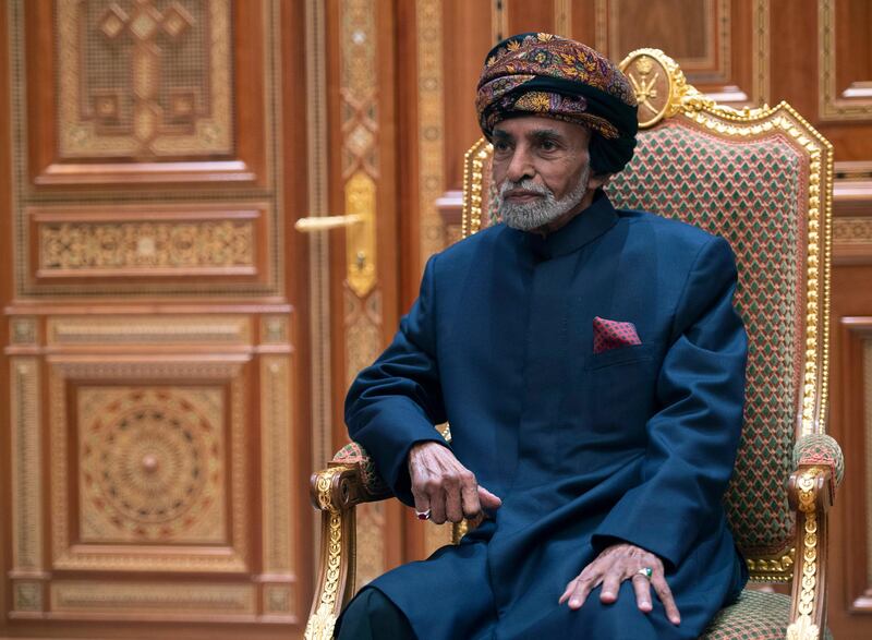 Sultan of Oman Qaboos bin Said al-Said sits during a meeting with the US secretary of state at the Beit Al Baraka Royal Palace in Muscat on January 14, 2019. (Photo by ANDREW CABALLERO-REYNOLDS / POOL / AFP)