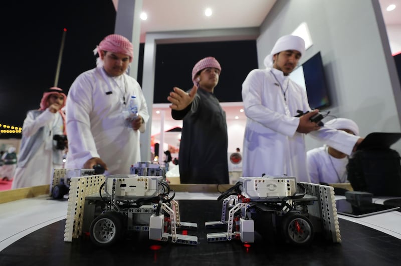 Ras Al Khaimah, United Arab Emirates - Reporter: Ruba Haza: Students show off their sumo robots at UAE innovates, Ras Al Khaimah. Wednesday, February 19th, 2020. Ras Al Khaimah. Chris Whiteoak / The National