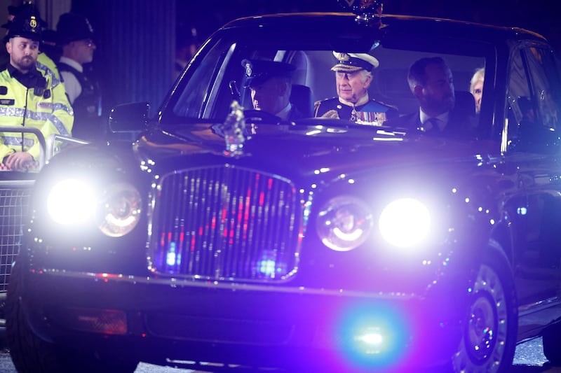 King Charles leaves following the Vigil of the Princes, during which he and his siblings stood watch over their mother Queen Elizabeth's coffin at Westminster Hall. Getty Images