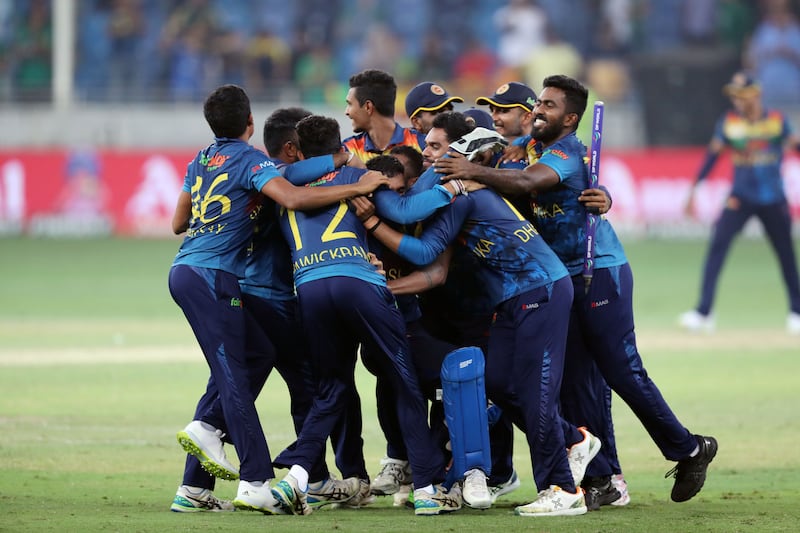 Sri Lanka players celebrate after beating Pakistan.