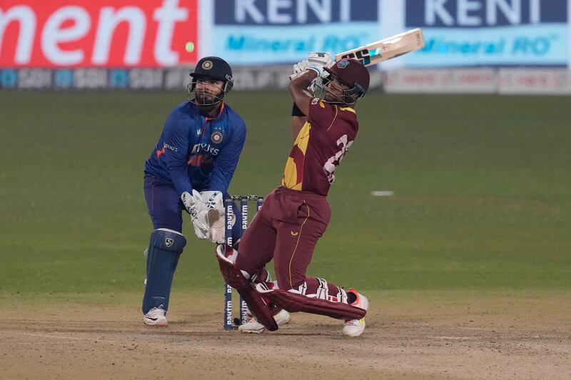 Nicholas Pooran plays a shot during the second T20 against India in Kolkata on Friday, February 18, 2022. AP