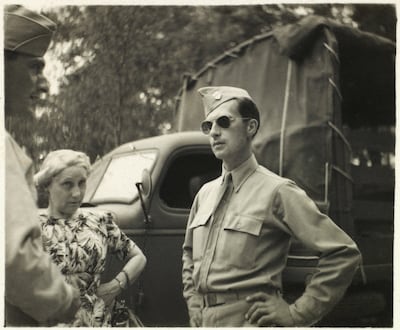 Soldier in Uniform and Aviator Sunglasses with Another Soldier and Civilian Woman, Portrait, WWII, HQ 2nd Battalion, 389th Infantry, US Army Military Base, Indiana, USA, 1942. (Photo by: Universal History Archive/UIG via Getty Images)