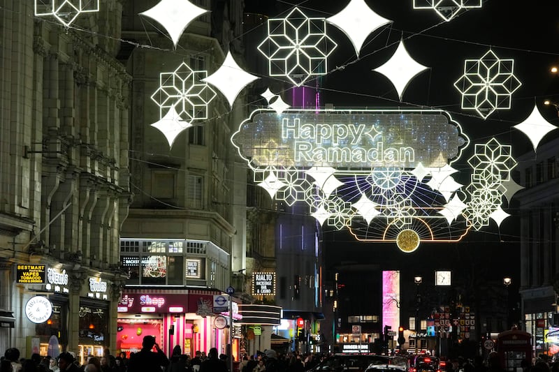A view of the Ramadan lights installation at Piccadilly Circus in London. AP