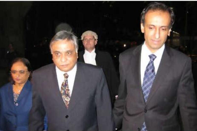 This handout photo taken on June 29, 2010 and released on July 1, 2010 shows Dr Jayant Patel, centre,  arriving at Brisbane Supreme Court with his wife Kishoree Patel, left, his lawyer Arun Raniga right, and his barrister Michael Woodford, second right to hear the verdict of his manslaughter trial.