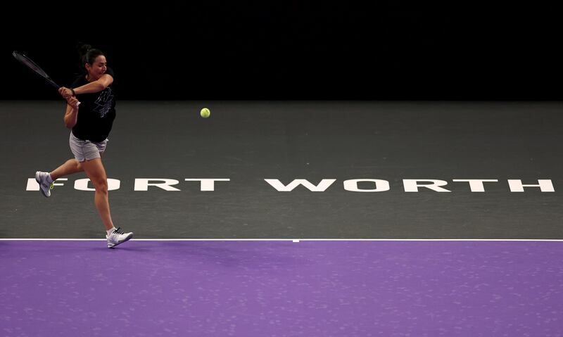 Ons Jabeur plays a backhand during practice on centre court prior to the 2022 WTA Finals. AFP