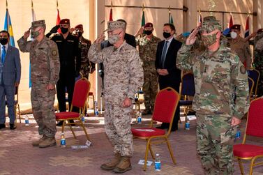This US Department of Defence photo shows combined Joint Task Force-Operation Inherent Resolve, the military organisation to defeat Daesh in Iraq and Syria, swapping leaders during a change of command ceremony in Baghdad, on September 9, 2020. AFP Photo /DOD/ISAIH VEGA/Handout