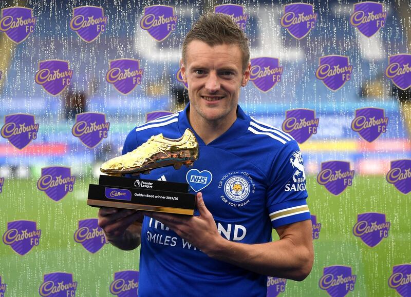 Jamie Vardy, 33, of Leicester City poses with the Premier League Golden Boot award for scoring 23 goals. Getty