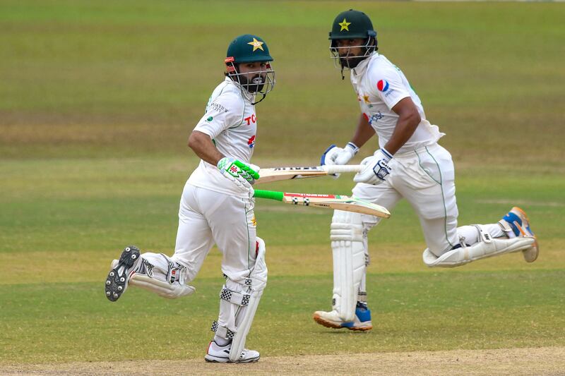 Pakistan’s Abdullah Shafique, right, and Mohammad Rizwan run between wickets. AFP