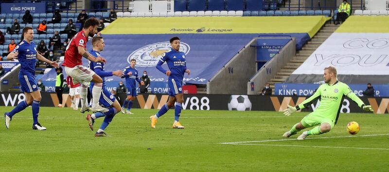 Bruno Fernandes - 7: Super flick that set-up Rashford’s opener. Made another assist a few minutes later, losing the ball which led to Leicester’s equaliser. Manager admits that he is left tearing his hair out at times watching the Portuguese. Should have scored a header. Booked. Played high as game went on and ran onto Cavani’s ball to stay composed and score second. Scored or assisted 31 goal in 28 games since arriving in January. EPA