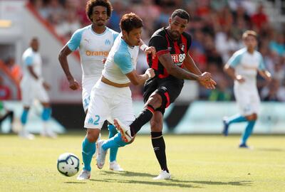 Soccer Football - Pre Season Friendly - AFC Bournemouth v Olympique de Marseille - Vitality Stadium, Bournemouth, Britain - August 4, 2018   AFC Bournemouth's Callum Wilson in action with Olympique de Marseille's Hiroki Sakai   Action Images via Reuters/John Sibley