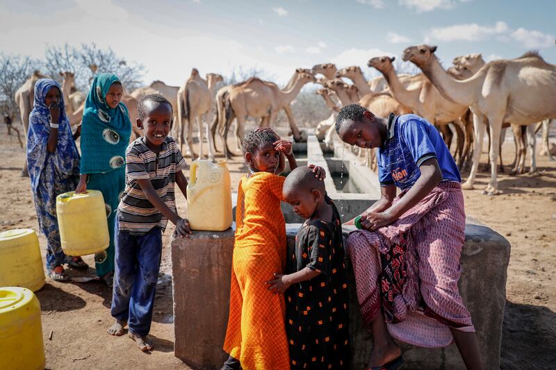 Herder children who look after their family's camels cool off and fill plastic containers at a water point in the desert near Dertu. AP Photo