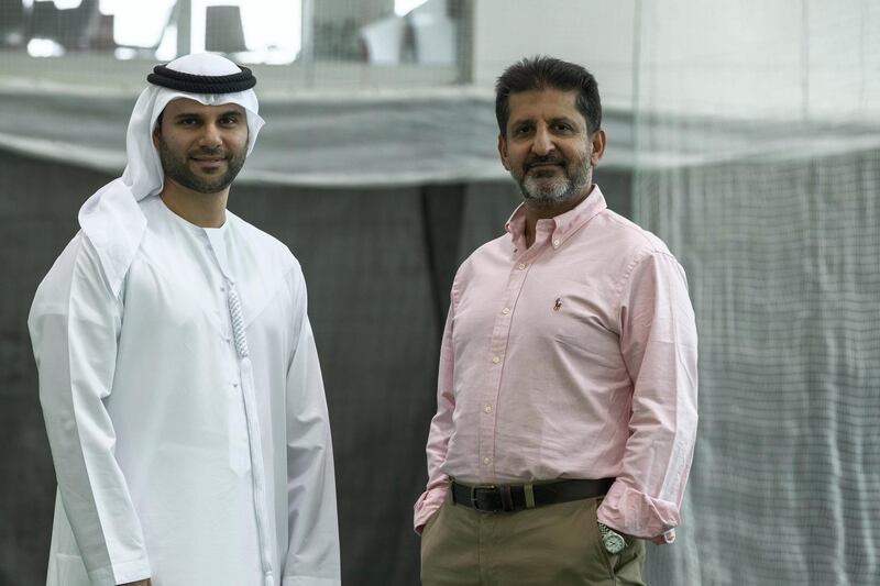 DUBAI, UNITED ARAB EMIRATES. 03 JULY 2018. Zayed Abbas, Emirates Cricket Board member, and Salman Sarwar Butt, the CEO of the new Emirates T20 league, at the ICC Academy in Sports City. (Photo: Antonie Robertson/The National) Journalist: Paul Radley. Section: Sport.