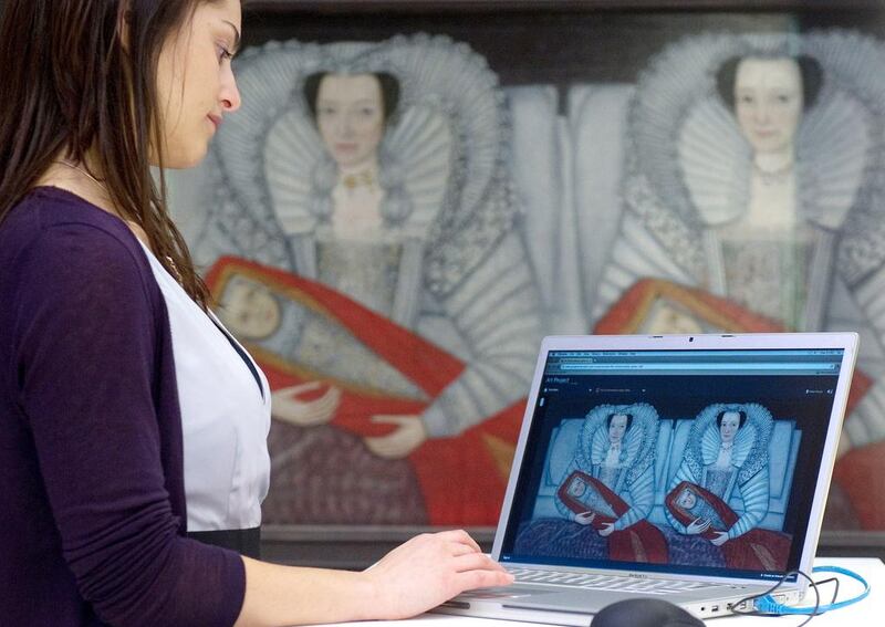A Tate Gallery staff looks at the digital version of the 'The Cholmondeley Ladies' while standing in front of the original artwork. 

Google’s Art Project already enables participants to walk through the galleries at 17 museums, including London’s Tate Gallery. Leon Neal / AFP