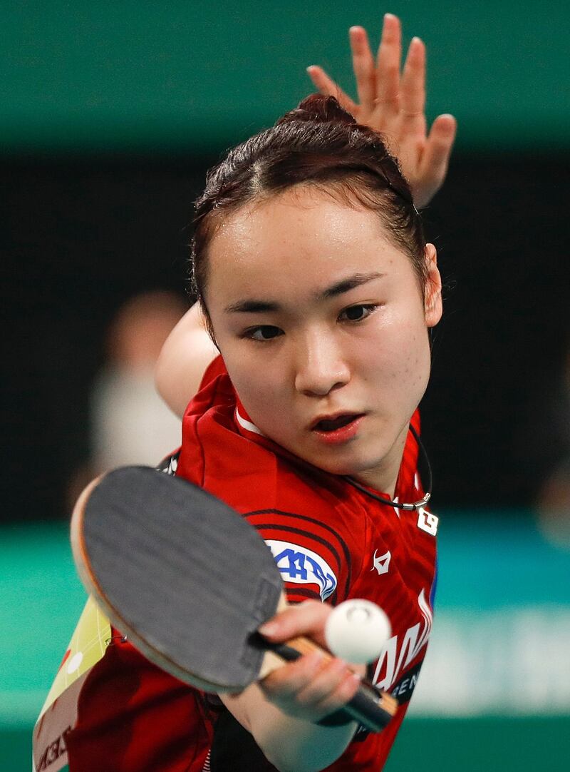 Japan's Mima Ito of Japan in action against Bernadette Szocs of Romania during the women's quarter-finals of the International Table Tennis Federation  Team World Cup in Tokyo, on Friday, November 8. EPA