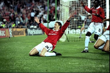 Ole Gunnar Solskjaer celebrates scoring Manchester United's winning goal against Bayern Munich in May 1999. Getty