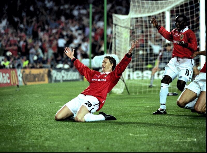 26 May 1999:  Ole Gunnar Solskjaer celebrates scoring the second goal for Manchester United during the European Champions League Final against Bayern Munich in the Nou Camp Stadium, Barcelona, Spain. Manchester United won 2 - 1 with both United goals scored during injury time, to secure the treble of League, FA Cup and European Cup. \ Mandatory Credit: Ben Radford /Allsport