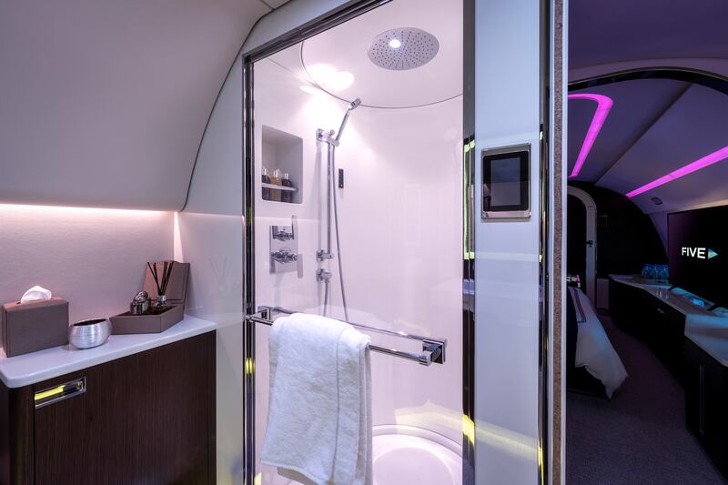 There's a full-sized shower, to make freshening up at 40,000 feet easy