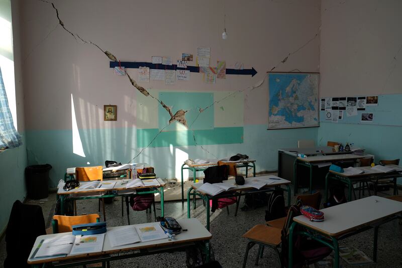 A damaged classroom in a school in Arkalochori, Crete. Photo: AP