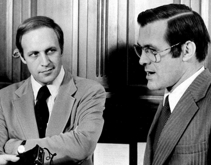 White House chief of staff Donald Rumsfeld, right, and his deputy, Dick Cheney, meet reporters at the White House in November 1975. AP Photo