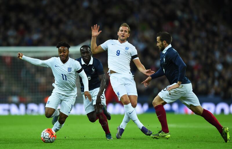 LONDON, ENGLAND - NOVEMBER 17:  Raheem Sterling (1st L) and Harry Kane (2nd R) of England, Bacary Sagna (2nd L) and Yohan Cabaye (1st R) of France compete for the ball during the International Friendly match between England and France at Wembley Stadium on November 17, 2015 in London, England.  (Photo by Shaun Botterill/Getty Images)