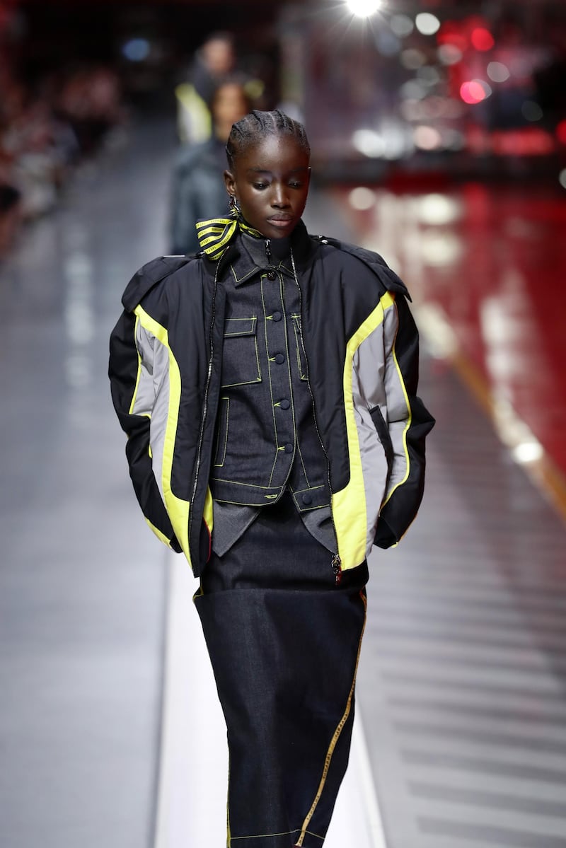 Maty Fall Diba walks the runway at the fashion debut of the first co-ed Ferrari collection at Ferrari Factory on June 13, 2021 in Maranello, Italy. Getty Images