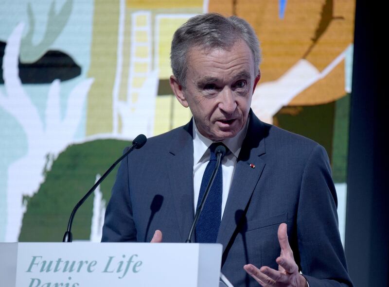 French luxury group LVMH Chairman and Chief Executive Officer Bernard Arnault presents the group's environmental projects "Life" program (LVMH Initiatives For the Environment) on September 25, 2019 at LVMH headquarters in Paris. / AFP / ERIC PIERMONT
