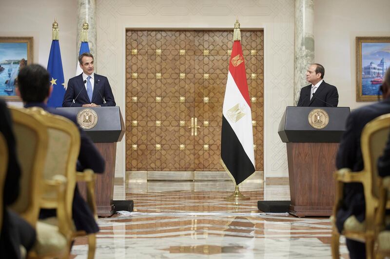 Egyptian President Abdel Fattah El Sisi and the Prime Minister of Greece Kyriakos Mitsotakis met at Al Ittihadiya Presidential Palace in Cairo. EPA