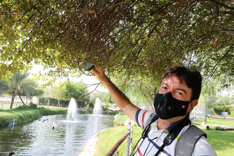 DUBAI, UNITED ARAB EMIRATES , October 5 – 2020 :- Judas Jacky, Manager and Scientific Advisor, EWS, WWF showing the Ultrasonic microphone installed on the trees to monitor birds sound at The Sustainable City in Dubai. (Pawan Singh / The National) For News/Online. Story by Kelly