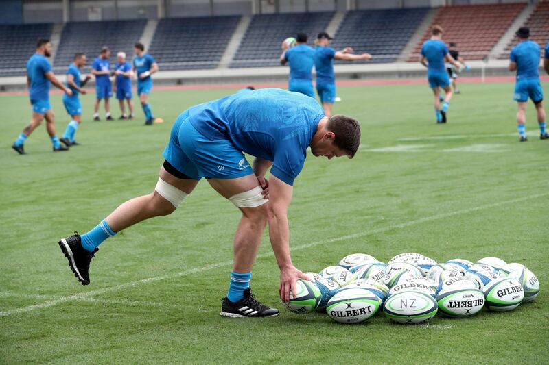 Scott Barrett grabs a ball during a training session at Kashiwanoha Park Stadium in Japan. AFP