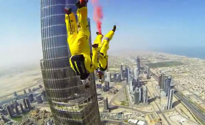 Vince Reffet and Fred Fugen, from France, plunge from a platform made especially for this jump at the top of the 828-metre Burj Khalifa in April 2014. YouTube screen grab